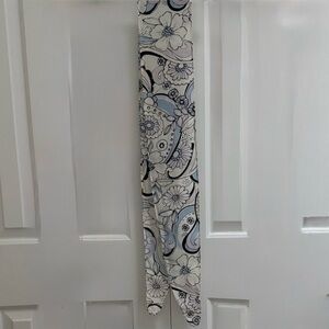 SILK RiBBON SCARF EUC LONG Oval Black White Blue Lavender Daisy Swirl 66” x 5.5”